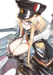  1girl absurdres azur_lane bangs bismarck_(azur_lane) blue_eyes blush breasts character_request cleavage copyright_request hat highres long_hair looking_at_viewer ship sketch solo watercraft yamanokami_eaka 