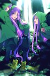  backpack bag bangs blush boots breasts cis05 closed_mouth euryale fate/grand_order fate/hollow_ataraxia fate_(series) forest glasses green_footwear green_jacket green_shorts hood hooded_jacket jacket long_braid long_hair long_sleeves medusa_(lancer)_(fate) nature open_mouth pantyhose purple_eyes purple_hair rider shorts siblings sidelocks sisters small_breasts smile stheno tree twintails under_the_same_sky very_long_hair younger 