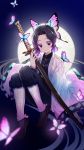  1girl bangs black_hair breasts bug butterfly butterfly_hair_ornament commentary_request full_moon gradient_hair hair_ornament haori highres holding holding_sheath insect japanese_clothes katana kimetsu_no_yaiba knees_up kochou_shinobu long_sleeves looking_at_viewer moon multicolored_hair night outdoors parted_bangs purple_eyes purple_hair sheath sheathed short_hair smile solo sword two-tone_hair weapon white_butterfly xiaoni_xianggou 