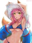  1girl :3 :p absurdres animal_ears armpits arms_up bikini blue_bikini breasts closed_mouth fate/grand_order fate_(series) fox_ears fox_girl fox_tail highres innertube kachin lifted_by_self long_hair looking_at_viewer medium_breasts multicolored multicolored_nails nail_polish navel pink_hair red_ribbon ribbon shirt_lift short_sleeves side-tie_bikini simple_background smile solo stomach swimsuit tail tamamo_(fate)_(all) tamamo_no_mae_(fate) tongue tongue_out twitter_username underboob undressing upper_body white_background yellow_eyes 