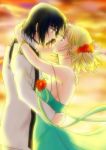  1boy 1girl aqua_dress arm_around_waist arms_around_neck athrun_zala black_hair blonde_hair breasts cagalli_yula_athha couple dress floating_hair flower from_side green_eyes green_ribbon gundam gundam_seed hair_flower hair_ornament hetero hug imminent_kiss jacket long_hair long_sleeves medium_breasts off_shoulder parubinko red_flower ribbon sideboob sleeveless sleeveless_dress white_jacket yellow_eyes 