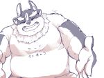  3_eyes 4:3 5_fingers anthro cddi_h chubby_male clothed clothing eyes_closed fingers fur grey_body grey_fur humanoid_hands male monster multi_eye multicolored_body multicolored_fur musclegut muscular muscular_male shirt signature simple_background smile solo tokyo_afterschool_summoners topwear tsathoggua two_tone_body two_tone_fur video_games white_background white_body white_fur 