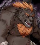  2020 angry anthro barguest_(tas) belly body_hair brown_body brown_fur chain chained chest_hair ear_piercing ear_ring fur hair hi_res male mammal musclegut muscular muscular_male orange_hair piercing red_hair scar siroihigenokoi slightly_chubby solo tokyo_afterschool_summoners ursid video_games 