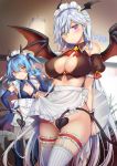  2girls :o apron apron_lift artist_name bare_shoulders black_wings blue_legwear blush braid breasts bridal_gauntlets brown_vest cleavage cleavage_cutout closed_mouth copyright_request covered_nipples covering covering_crotch dated demon_girl demon_horns demon_tail demon_wings detached_sleeves frilled_apron frills frown gem groin hand_on_hip head_wings heterochromia highres holding holding_tray horns large_breasts leg_garter lifted_by_self long_hair looking_at_viewer maid_headdress multiple_girls no_panties parted_lips pointy_ears puffy_short_sleeves puffy_sleeves purple_eyes shibi short_sleeves silver_hair small_breasts straight_hair striped striped_legwear tail thighhighs tray twin_braids two_side_up v-shaped_eyebrows vertical-striped_legwear vertical_stripes very_long_hair vest waist_apron waitress white_apron white_legwear wings wrist_cuffs yellow_eyes 