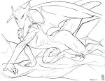  2010 annoyed anthro armor black_and_white black_eyes butt claws digital_media_(artwork) dragon english_text erection genitals looking_at_viewer male max_blackrabbit monochrome nude penis rock scalie signature solo text tongue tongue_out wings 