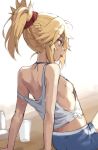  1girl ass back bangs bare_shoulders blue_shorts braid breasts closed_mouth cup fate/apocrypha fate_(series) french_braid green_eyes hair_ornament hair_scrunchie highres long_hair mordred_(fate) mordred_(fate)_(all) parted_bangs ponytail red_scrunchie scrunchie shirt shorts sideboob sidelocks simple_background sitting small_breasts tank_top tied_shirt tonee white_background white_shirt 