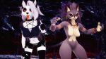  16:9 2020 3d_(artwork) anthro belladonna_(trials_of_mana) breasts canid canid_demon canine canis clothing collar demon digital_media_(artwork) duo ear_piercing ear_ring felid feline female fur gesture helluva_boss jewelry looking_at_viewer loona_(vivzmind) malicekira mammal mana_(series) middle_finger piercing purple_body purple_fur red_sclera square_enix tongue tongue_out trials_of_mana video_games white_body white_fur widescreen wolf 