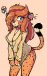  2020 accessory amulet annoyed anthro black_nose blue_eyes blush breasts brown_hair cheetah cleavage clothed clothing ear_piercing ear_ring felid feline female gepard hair headband hi_res jewelry looking_aside mammal piercing shirt simple_background solo spots tan_body topwear waffl3sk4t 