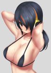  1girl absurdres armpits arms_behind_head arms_up bikini black_bikini black_eyes black_hair breasts cleavage collarbone commentary deku_suke emperor_penguin_(kemono_friends) eyebrows_visible_through_hair grey_background hair_over_one_eye headphones highres kemono_friends large_breasts long_hair looking_at_viewer orange_hair parted_lips simple_background solo string_bikini sweat swimsuit upper_body 
