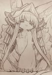  1other :p animal_ears eyebrows_visible_through_hair fur furry hat highres horns kneeling looking_at_viewer made_in_abyss mitsuba-sama_(milkba-ng) monochrome nanachi_(made_in_abyss) paws short_hair sketch solo tongue tongue_out whiskers 