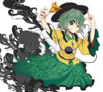  1girl closed_mouth collared_shirt epic_armageddon eyeball floral_print flower frilled_sleeves frills green_eyes green_hair hair_over_one_eye hat heart heart_of_string highres knife komeiji_koishi long_sleeves looking_at_viewer open_eyes ribbon shadow shirt short_hair simple_background skirt smoke solo third_eye touhou wavy_hair white_background wide_sleeves yellow_ribbon yellow_shirt 