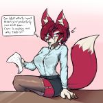  1:1 2020 anthro black_nose breasts canid canine clothing dialogue english_text eyewear female fox fur garter_straps glasses hair hi_res inner_ear_fluff legwear mammal paper red_body red_fur red_hair short_hair simple_background sitting solo stockings text tuft waffl3sk4t 