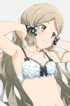  1girl armpits bare_arms bow bra collarbone face handa_roko highres hiroki_(yyqw7151) idolmaster idolmaster_million_live! light_brown_eyes light_brown_hair long_hair looking_to_the_side midriff navel polka_dot polka_dot_bow polka_dot_bra simple_background solo twintails underwear underwear_only upper_body 