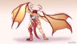  2020 animal_humanoid barefoot clothing dragon dragon_humanoid female hair hi_res horn humanoid membrane_(anatomy) membranous_wings rear_view red_hair sharkrags simple_background solo standing torn_clothing transformation wings 