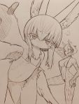  1girl 1other animal_ears bikini blush breasts flat_chest fur furry highres large_breasts looking_at_viewer made_in_abyss micro_bikini mitsuba-sama_(milkba-ng) monochrome nanachi_(made_in_abyss) navel ozen pout short_hair sketch slingshot_swimsuit stomach swimsuit tail whiskers 