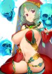  1girl absurdres arabian_clothes bare_shoulders blue_fire breasts closed_mouth covered_nipples detached_sleeves fate/grand_order fate_(series) fire flaming_skull floating_skull gem green_hair harem_outfit highres jewelry large_breasts looking_at_viewer medium_breasts mole mole_on_breast nanao_(aoyamahikari) navel puffy_sleeves red_eyes red_legwear revealing_clothes salome_(fate/grand_order) sideboob simple_background sitting skull smirk solo stomach thighhighs veil yokozuwari 