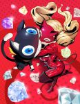  1girl absurdres ass blonde_hair blue_eyes blush boots cat_mask diamond_(gemstone) fake_tail heart heart_background highres hug kiss mask morgana_(persona_5) persona persona_5 red_background scarf sparkle starry_background tail takamaki_anne thicc_line thigh_boots thighhighs twintails 