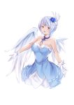  1girl :d absurdres angel_(fairy_tail) angel_wings asymmetrical_wings blue_dress blue_ribbon blush breasts brown_eyes chage_00 choker cleavage cropped_legs dress fairy_tail feathered_wings gloves highres layered_dress medium_breasts open_mouth outstretched_arms ribbon ribbon_choker short_hair silver_hair simple_background sleeveless sleeveless_dress smile solo strapless strapless_dress white_background white_gloves white_wings wings 