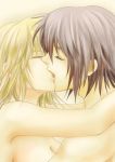  1boy 1girl athrun_zala bangs blonde_hair breasts cagalli_yula_athha cleavage closed_eyes couple french_kiss grey_hair gundam gundam_seed hair_between_eyes hetero kiss medium_breasts nude parubinko shiny shiny_hair short_hair simple_background upper_body white_background 