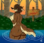  2018 anthro big_butt blue_eyes breasts brown_body brown_fur butt canid canine canis curvy_figure digital_media_(artwork) female forest fur hair lake looking_at_viewer lucy_lupa mammal nude smile solo swimming text thick_thighs tree unclescooter water wide_hips wolf 