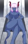  2020 9:14 blue_body breasts chair demon demon_humanoid female furniture hair hi_res horn humanoid humanoid_pointy_ears looking_at_viewer mimizu nipples not_furry nude sitting smile solo spade_tail throne white_hair 