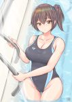  1girl absurdres blush breasts brown_eyes brown_hair cleavage collarbone competition_swimsuit cowboy_shot ears eyebrows_visible_through_hair hair_between_eyes highres kaga_(kantai_collection) kantai_collection large_breasts looking_at_viewer one-piece_swimsuit parted_lips pool rei_no_pool side_ponytail solo swimsuit tong_shui water 