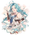  1girl :d ahoge blue_eyes blue_hair blue_ribbon book bracer choker cowboy_shot dress granblue_fantasy hair_ornament hair_ribbon hairclip holding holding_book long_hair looking_at_viewer lyria_(granblue_fantasy) notice_lines open_book open_mouth ribbon smile solo standing very_long_hair waltz_(tram) whisk white_choker white_dress 