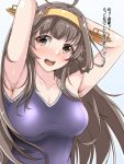  1girl ahoge armpits arms_behind_back arms_behind_head black_swimsuit breasts brown_eyes brown_hair cleavage collarbone commentary_request competition_school_swimsuit hairband kantai_collection kongou_(kantai_collection) long_hair looking_at_viewer medium_breasts open_mouth shohei_(piranha5hk) simple_background solo swimsuit translated upper_body white_background 