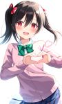  1girl bangs black_hair blue_skirt blush bow cardigan collared_shirt commentary_request diagonal_stripes dress_shirt eyebrows_visible_through_hair green_bow hair_between_eyes hair_bow heart heart_hands highres love_live! love_live!_school_idol_project nonono pink_cardigan pleated_skirt red_bow red_eyes school_uniform shirt simple_background skirt solo striped striped_bow twintails white_background white_shirt yazawa_nico 