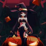  1girl allen_(makaroll) alternate_costume arm_support bandeau bangs belt_buckle bikini bikini_bottom black_legwear blurry bookshelf breasts buckle choker cleavage closed_mouth commentary crop_top depth_of_field elbow_gloves eyebrows_visible_through_hair floating floating_object garter_straps gloves hat hat_belt jack-o&#039;-lantern knife long_hair looking_at_viewer midriff narrow_waist navel original phantom_rose pumpkin purple_gloves purple_hair purple_headwear purple_skirt red_eyes reina_(phantom_rose) showgirl_skirt sitting skirt smile solo swimsuit thighhighs very_long_hair witch_costume witch_hat yellow_belt yellow_choker 