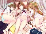  3girls ass bag bare_legs barefoot blue_eyes blush bottle breasts brown_eyes brown_hair groin hairband highres indoors long_hair long_sleeves looking_at_viewer lying medium_breasts minase_shuu multiple_girls navel neckerchief no_pants on_back on_side on_stomach original panties parted_lips pillow pink_panties pleated_skirt sailor_collar school_bag school_uniform serafuku shirt short_sleeves skirt skirt_removed stuffed_animal stuffed_toy sweater teddy_bear underwear 