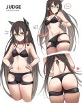  1girl ark_john_up ass bare_arms bare_shoulders black_bra blush bra breasts brown_eyes brown_hair buckle character_name cleavage closed_mouth collar collarbone commentary english_commentary girls_frontline groin hands_on_hips headgear heart judge_(girls_frontline) long_hair medium_breasts multiple_views navel simple_background skindentation spoken_blush stomach underwear underwear_only v-shaped_eyebrows very_long_hair white_background 