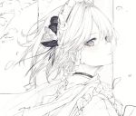 1girl absurdres bangs black_flower black_rose bow braid commentary flower frills from_side grey_background greyscale hair_bow hair_flower hair_ornament highres hito_komoru izayoi_sakuya looking_at_viewer looking_to_the_side maid_headdress monochrome parted_lips portrait rose scarf short_hair sketch solo touhou twin_braids 