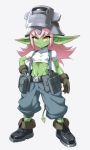  2019 3:5 armor belt_pouch boots breasts clothing cute_fangs female footwear gloves goblin green_body hair handwear headgear helmet humanoid humanoid_pointy_ears looking_at_viewer mimizu navel not_furry pink_hair shirt simple_background smile solo spade_tail topwear white_background 