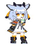  1girl animal_ears animated animated_gif arknights bare_legs black_footwear black_gloves black_jacket boots chinese_commentary commentary_request dress drinking_straw gloves holding_drink jacket juice_box long_hair looping_animation lowres medium_hair orange_eyes owl_ears pawamo_power ptilopsis_(arknights) sidelocks silver_hair solo standing transparent_background veil white_dress yellow_eyes 