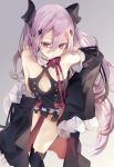  1girl absurdres bare_shoulders black_dress black_footwear boots closed_mouth detached_sleeves dress highres iijima_masashi krul_tepes long_hair looking_at_viewer owari_no_seraph pink_hair purple_hair red_eyes ribbon solo thigh_boots thighhighs two_side_up vampire very_long_hair 