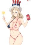  1girl american_flag_bikini american_flag_hat artist_name bikini blonde_hair blue_eyes blush breasts cleavage coca-cola collarbone covered_nipples devilukez flag_print girls_und_panzer grin groin hat highres kay_(girls_und_panzer) large_breasts long_hair looking_at_viewer navel parted_lips simple_background skindentation smile solo swimsuit swimwear teeth top_hat white_background 