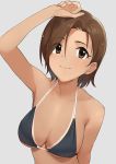  1girl absurdres arm_up armpits bangs bikini bikini_tan bikini_top black_bikini breasts brown_eyes brown_hair closed_mouth commentary_request earrings grey_background halterneck highres idolmaster idolmaster_cinderella_girls jewelry large_breasts mizuki_seira onao parted_bangs short_hair simple_background smile solo stud_earrings swimsuit tan tanline upper_body wet wet_hair 