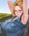  1girl absurdres android_18 armpits arms_arc arms_behind_head blonde_hair blue_eyes blue_shirt blue_sky blurry blurry_background blush breasts car_interior closed_mouth collared_shirt denim dragon_ball dragon_ball_z dress_shirt fle_en heavy_breathing highres large_breasts licking_lips looking_at_viewer open_mouth pink_lips shirt short_hair sitting sky sleeveless sleeveless_shirt sweat tongue tongue_out 