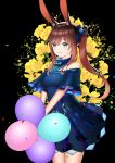  1girl absurdres amiya_(arknights) animal_ear_fluff animal_ears arknights balloon bangs bare_shoulders black_background blue_dress blue_eyes blue_ribbon breasts brown_hair bunny_ears bunny_hair_ornament clothing_request cowboy_shot dress eyebrows_visible_through_hair floral_print flower green_ribbon hair_ornament hair_ribbon highres holding_balloon jewelry long_hair medium_breasts meowster off-shoulder_dress off_shoulder parted_lips ribbon short_sleeves side_ponytail sidelocks simple_background smile solo yellow_flower 