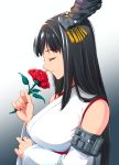  1girl black_hair closed_eyes commentary_request detached_sleeves flower fusou_(kantai_collection) gradient gradient_background hair_ornament highres holding holding_flower japanese_clothes kantai_collection kawamura_tsukasa long_hair nontraditional_miko red_flower smelling_flower solo upper_body wide_sleeves 