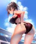  1girl ass bangs blush breasts brown_hair cloud covered_nipples hame_x_tore hand_under_clothes high_ponytail highres large_breasts looking_at_viewer looking_back midriff open_mouth red_eyes short_hair sky solo sports_bikini sweat yuyu_(yuyuworks) 