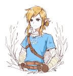  1boy belt belt_buckle blonde_hair blue_eyes buckle commentary_request drawingddoom earrings fingerless_gloves gloves highres jewelry link long_sleeves pointy_ears ponytail shirt simple_background solo sword the_legend_of_zelda the_legend_of_zelda:_breath_of_the_wild upper_body watermark weapon white_background 