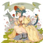  1girl animal_ears arknights blue_hair blush bonnet breasts cat_ears cat_tail cleavage dog dress english_text flower full_body garter_straps green_eyes high_heels itoucon jessica_(arknights) medium_breasts open_mouth ponytail ribbon rose squatting tail tail_ribbon thighhighs 