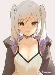  1girl artist_name blush breasts cleavage closed_mouth eyebrows_visible_through_hair fire_emblem hair_between_eyes hood looking_at_viewer medium_hair orange_eyes robin_(fire_emblem) robin_(fire_emblem)_(female) skeptycally smile solo twintails upper_body white_hair 