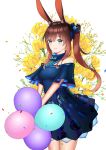  1girl absurdres amiya_(arknights) animal_ear_fluff animal_ears arknights balloon bangs bare_shoulders blue_dress blue_eyes blue_ribbon breasts brown_hair bunny_ears bunny_hair_ornament clothing_request commentary cowboy_shot dress eyebrows_visible_through_hair floral_print flower green_ribbon hair_ornament hair_ribbon highres holding_balloon jewelry long_hair medium_breasts meowster off-shoulder_dress off_shoulder parted_lips ribbon short_sleeves side_ponytail sidelocks simple_background smile solo white_background yellow_flower 
