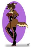  2017 anthro blue_eyes breasts brown_body brown_fur butt canid canine canis clothed clothing curvy_figure digital_media_(artwork) female footwear fur hair hi_res high_heels looking_at_viewer lucy_lupa mammal pinup pose shoes simple_background smile solo thick_thighs unclescooter wide_hips wolf 