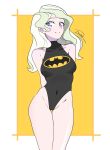  1girl arms_behind_back bare_shoulders batman_symbol black_leotard blonde_hair blue_eyes blush border breasts closed_mouth covered_navel diana_cavendish groin highres large_breasts leotard little_witch_academia long_hair looking_at_viewer project-disrubtion shiny shiny_skin simple_background smile solo standing white_border yellow_background 