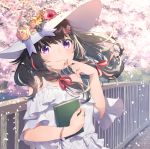  1girl bare_shoulders black_hair book bracelet braid cherry_blossoms dress flower hair_flower hair_ornament hat highres holding holding_book jewelry looking_at_viewer off-shoulder_dress off_shoulder original purple_eyes smile solo twin_braids upper_body white_hair yupiteru 