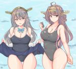  2girls absurdres ahoge alternate_costume artist_logo black_swimsuit blue_swimsuit blush bow breasts brown_eyes brown_hair cleavage collarbone collared_shirt competition_school_swimsuit competition_swimsuit covered_navel double_bun dress_shirt grey_hair hair_ornament hairband hairclip haruna_(kantai_collection) headgear highres kantai_collection kongou_(kantai_collection) large_breasts long_hair long_sleeves multiple_girls navel one-piece_swimsuit open_clothes open_mouth open_shirt purple_eyes remodel_(kantai_collection) school_swimsuit school_uniform shirt simple_background skirt smile swimsuit swimsuit_under_clothes thighs tong_shui uniform white_shirt 